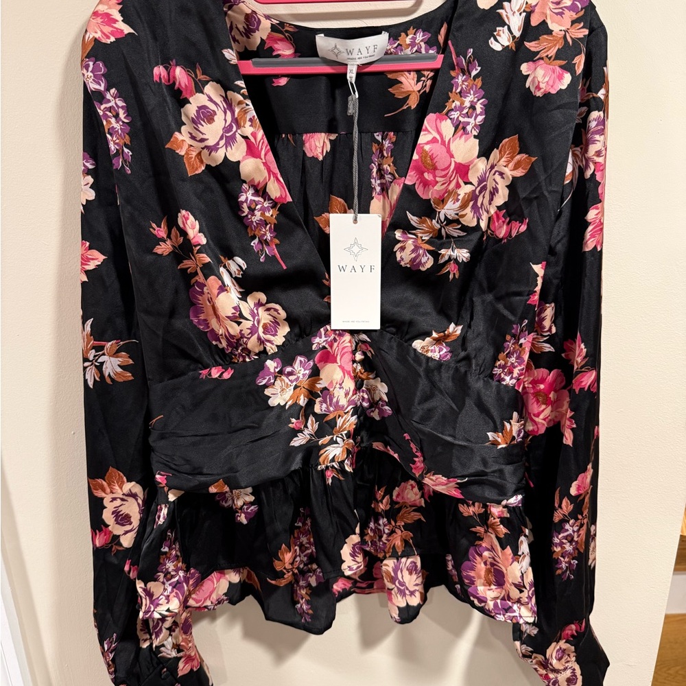 WAYF Black Floral Long Sleeve Blouse with Pink and Purple Accents SZ L